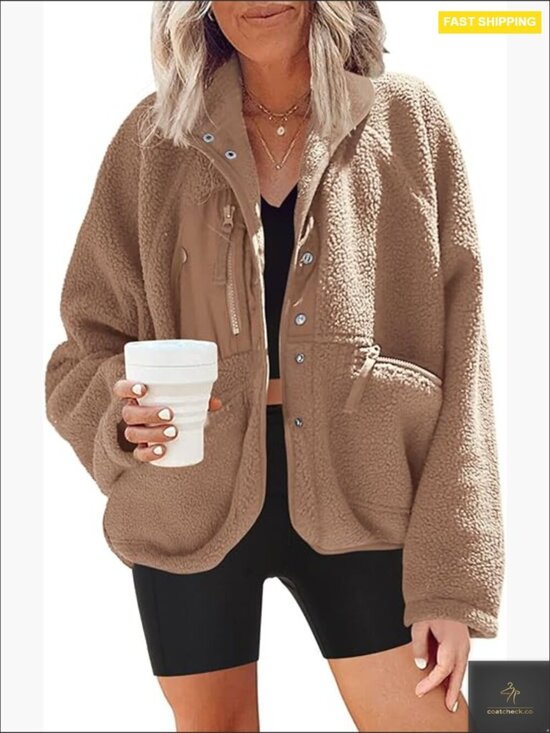 Jackets & Blazers - Oversized Fuzzy Fleece Jacket Sherpa Button Down Winter Warm Cozy Casual